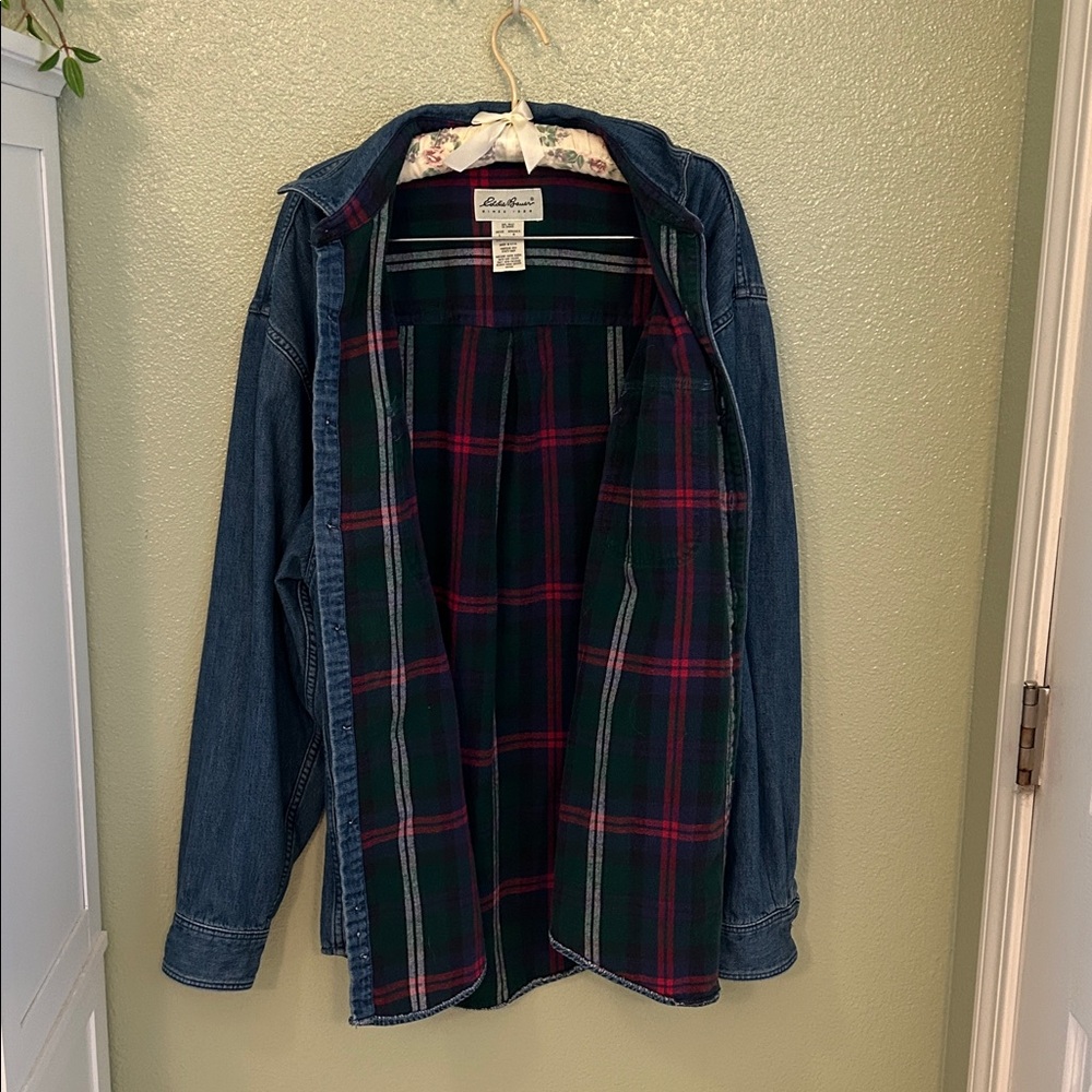 Vintage 90’s Eddie Bauer Blue Denim and Flannel Shirt Jacket Shacket